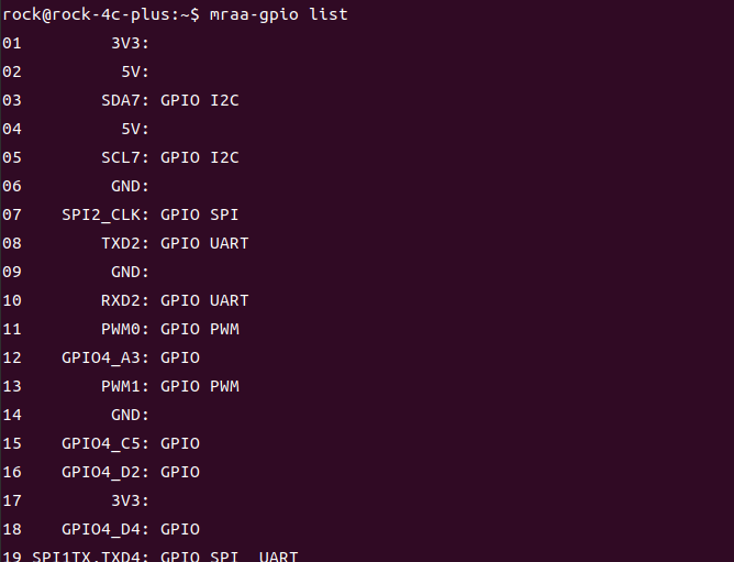 mraa-gpio listの実行結果