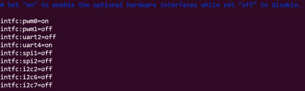 hw_intfc.confファイルの中身（デバイスツリーuart4をonへ変更）